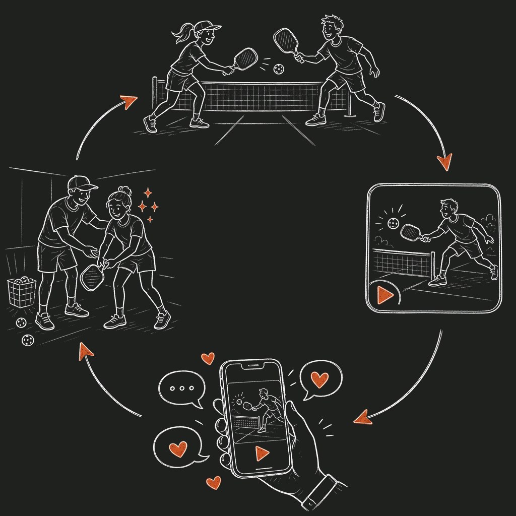 Hand-drawn loop: play, record, share, grow — and back to play